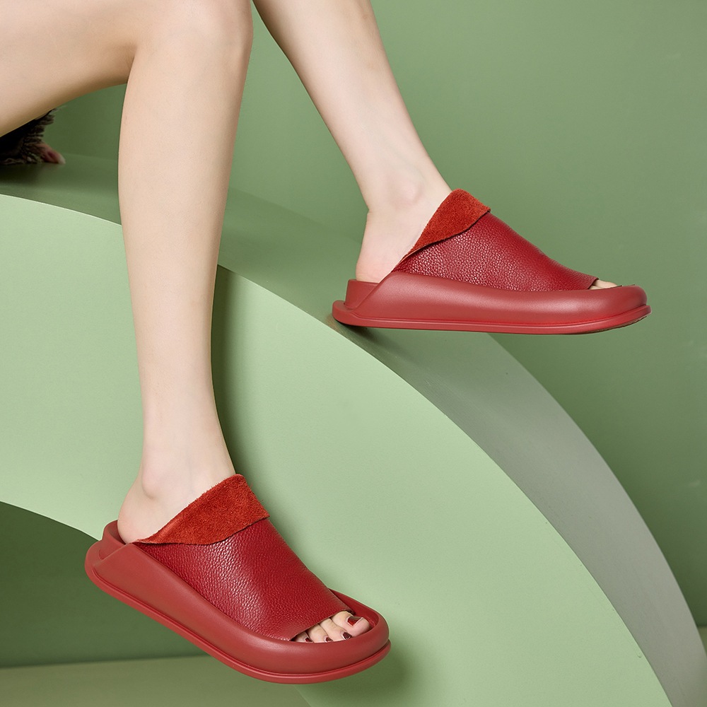 新款復古軟皮純色外穿休閒軟底厚底拖鞋