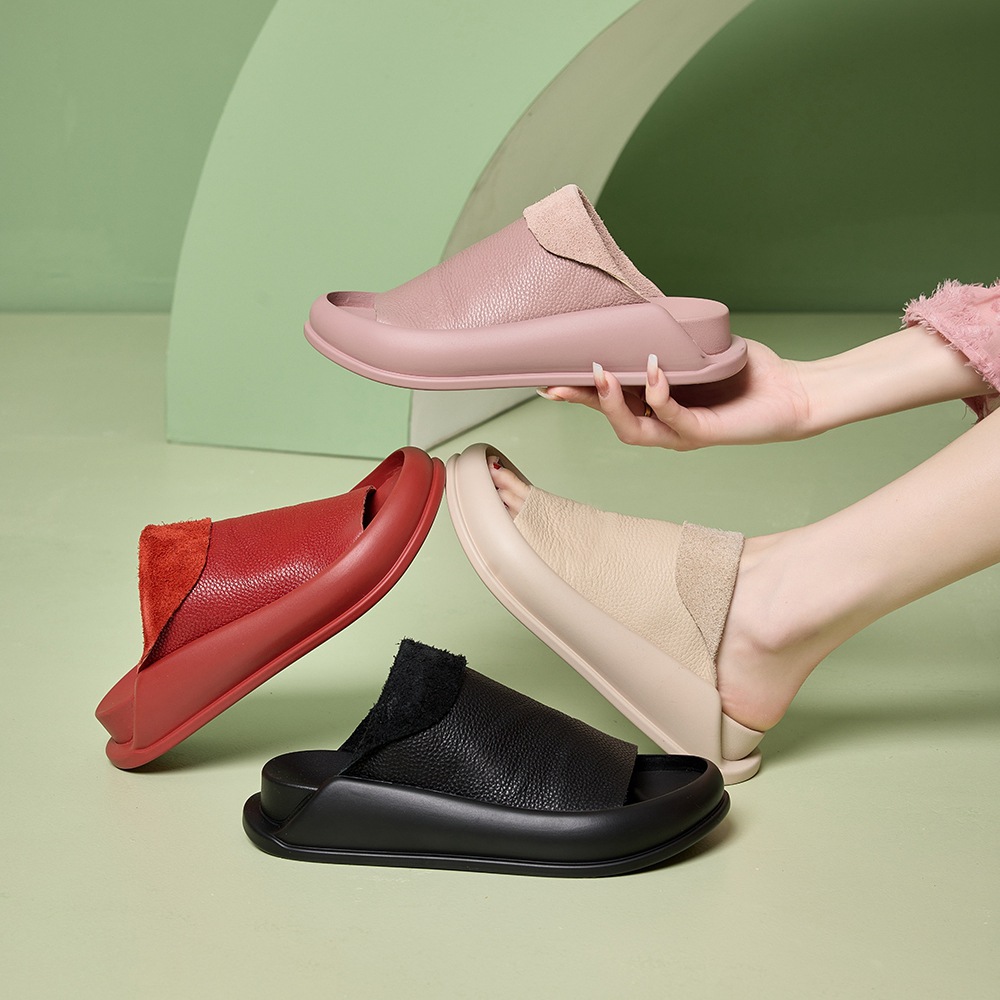 新款復古軟皮純色外穿休閒軟底厚底拖鞋